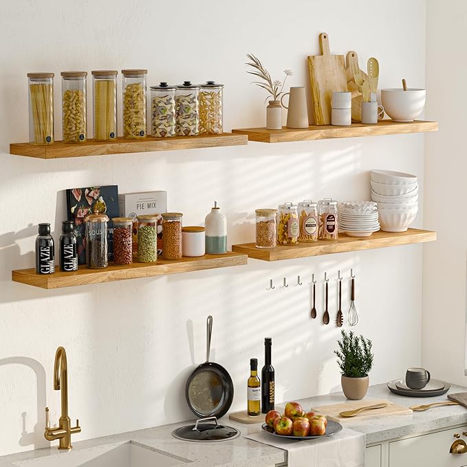 Fun Memories Floating Shelves for Wall Set of 2, Rustic Solid Elm Wood Wall Shelves 24 Inch - Invisible Bracket Mount for Living Room, Bathroom, Bedroom, Kitchen, Natural