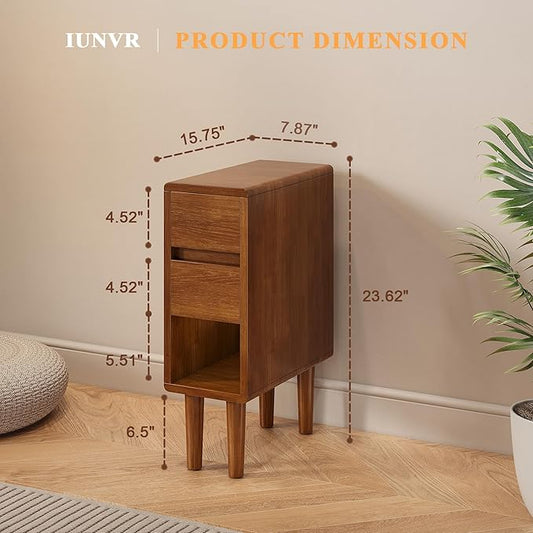 Narrow Nightstand 2 Drawers with Open Shelf Narrow Night Stand Solid Wood Bedside Table Mid Century Modern Nightstand Wooden End Table for Bedroom, Living Room, Study, Office