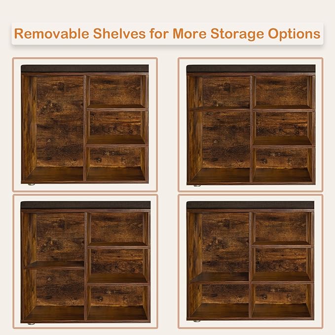 DINZI LVJ Shoe Storage Bench with Cushion, Cubby Rack with 9 Cubbies, Adjustable Shelves, Multifunctional Organizer Bench for Entryway, Mudroom, Hallway, Closet and Garage, Rustic Brown