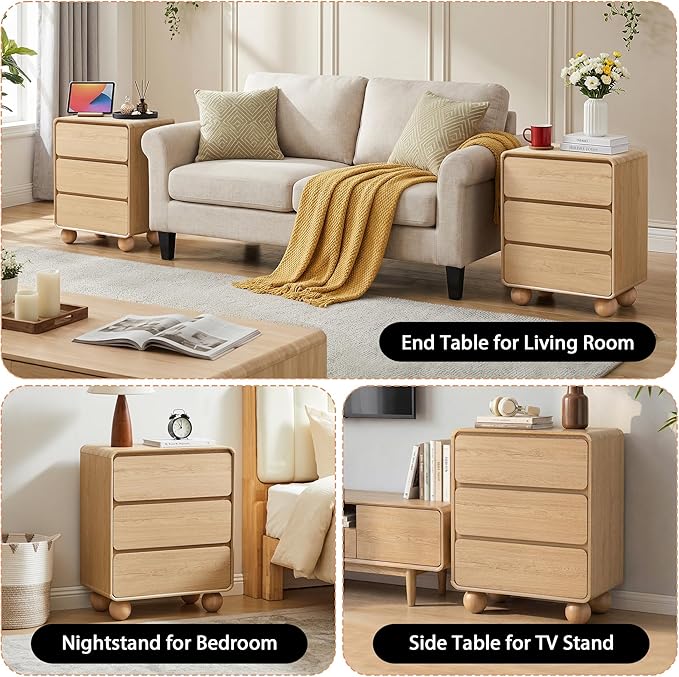 AVZEAR Wooden Night Stand wth 3 Drawer Dresser Mid Century Modern End Table Chest of Drawers, Solid Wood Legs & Curved Profile Design, Farmhouse Side Table for Living Room, Natural