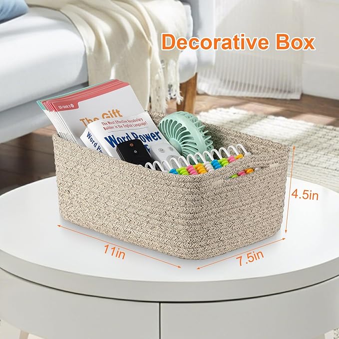 Small Storage Baskets for Organizing, Woven Storage Bins for Shelves, Gift Basket Empty, Cute Decorative Closet Organizer, Baby Rope Basket, Dog Toy Storage, 11x7.5x4.5”, 3Packs Mixed Brown