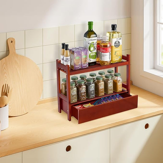 Sorbus Bamboo Bathroom Counter Organizer – 2-Tier Shelf with Hidden Drawer for Vanity, Matcha Station, Bathroom Sink Organizer Countertop, Kitchen & Office Storage (17″ L x 6.5″ W x 12.6″ H) (Brown)