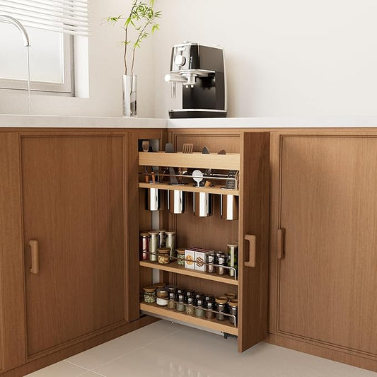 DINDON Pull Out Spice Rack Cabinet Organizer, (5" W x 21.9" D x 25.2" H) Multi-Use Soild Wood Pull Out Cabinet Organizer With 4 Movable Stainless Steel Cutlery Storage Buckets for Kitchen Organization