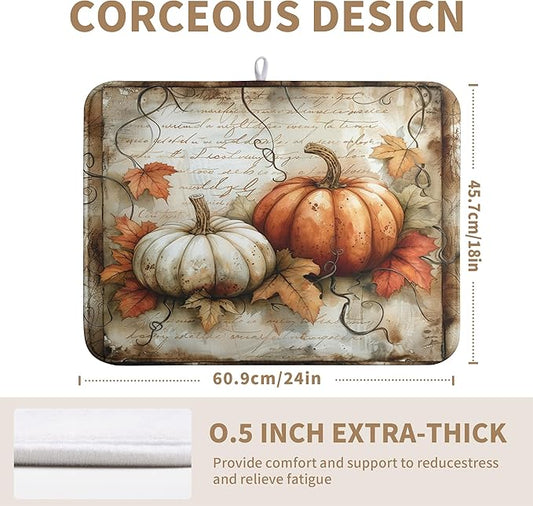 Fall Pumpkin Dish Drying Mats for Kitchen Counter 18x24 Inch Vintage Maple Leaves Dishes Drying Mat Seasonal Autumn Dish Drainer Mats Microfiber Absorbent Dish Drying Pads with Hanging Loop