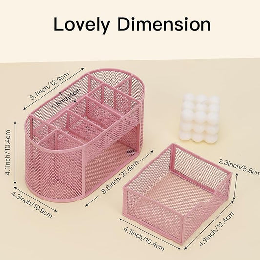 EOOUT Pink Desk Organizer, Pen Holder for Desk and Accessories, Mesh Desk Organizer with 8 Compartments and 1 Drawer for Office Home School Classroom