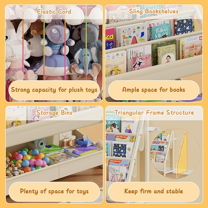 B5 Kids Bookshelf and Toy Storage, Book Shelf for Kids Rooms, Sling Toddler Book Shelves with Stuffed Animal Storage, Montessori Baby Bookcase for Nursery, Bedroom, Playroom, White