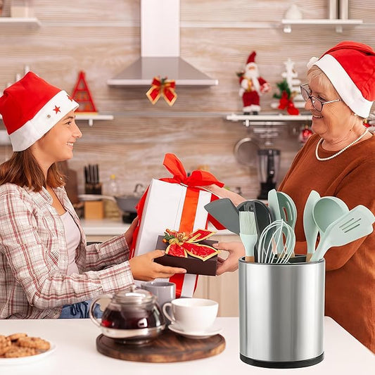 Kitchen Utensil Holder Extra Large 360°Rotating For Counter Organizer Stainless Steel Storage Cooking Silverware Caddy 3 Compartment Flatware Spoon Spatula Tool Cutlery Container(Silvery)