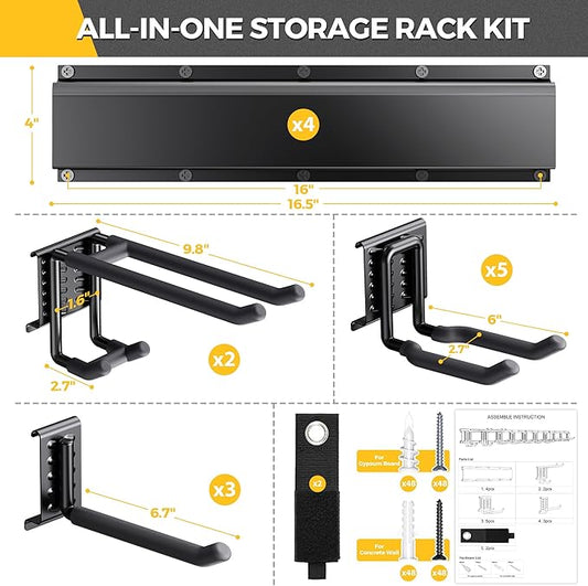 LBT 66" Garage Tool Organizer Wall Mount - 720lbs Garden Tool Organizer with Adjustable Hooks, Heavy Duty Metal Garage Storage Rack, Anti-Rust Shed Rack Holder Hanging Rake Broom Mower Snowboard