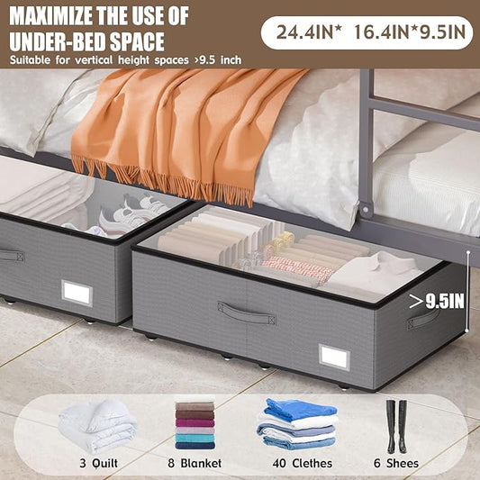 Under Bed Storage with Wheels, No Assemble Required 10 inches height Under Bed Storage bins,Large capacity Rolling Underbed Shoe Storage containers,dorm underbed storage drawers