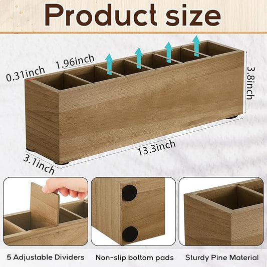 Jetec Wooden Pencil Pen Holder for Desk 6 Compartments Wood Office Desk Organizers for Countertop Adjustable Makeup Brush Organizer Silverware Caddy for Party, Home, Art Supplies(Wood Color)