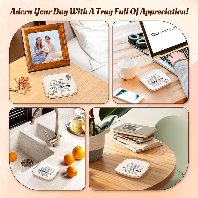 PUDDING CABIN Thank You Gifts for Women - 4"x4" Ceramic Jewelry Dish Tray - Birthday Appreciation Inspirational Gifts for Women Coworker Teacher Friends Employee