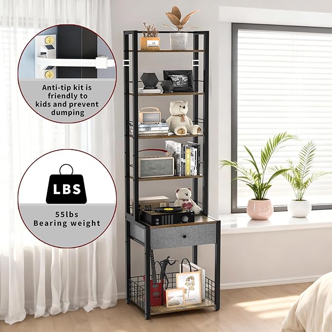 CD Storage Rack, 6-Tier DVD Organizer Shelf with Drawer & Adjustable Book Stoppers, Vinyl Record Holder &Multi-Purpose Media Organizer, Ideal for Living Room/Home Office,15.7x11.8x64.3Inch