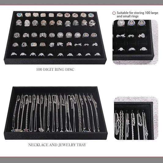 Julysky 4 Pcs/set Stackable Jewelry Organizer Trays for Drawer,100 Slots Ring Tray,Necklace Tray,12 Grid,24 Grid Jewelry Displays for Selling,Black