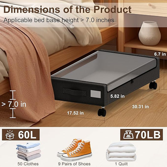 VXEAPADE Under Bed Storage with Wheels - 2Pack Underbed Storage Containers with Clear Lid & Label, Under The Bed Rolling Storage Bins for Shoes, Clothes, Blankets, Books (Black, Large)