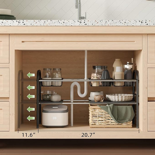 NETEL Under Sink Organizers and Storage, 2 Tier Expandable Under Cabinet Organizer Shelf with 4 Baskets and 4 Panels, Expandable Shelf for Cupboard, Kitchen, Bathroom, Shoe Storage Rack