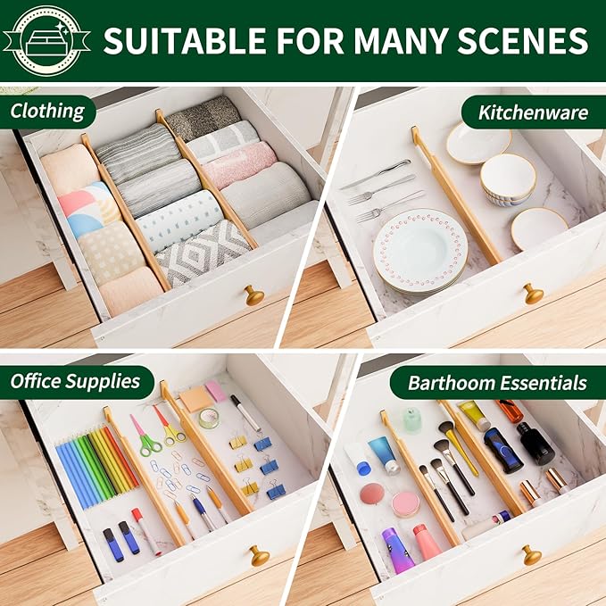 6 Pack Bamboo Drawer Dividers 2.6" High,17-22" Adjustable Spring Loaded Clothes Drawer Organizers for Kitchen, Dresser, Bathroom, Bedroom and Office