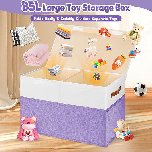 Large Toy Box, Collapsible Sturdy Storage Chest With Lids, Kids Toy Chest Storage Organizer Toddler Bin Boxes for Living Room, Bedroom, Nursery, 25"x13"x16", Purple & White