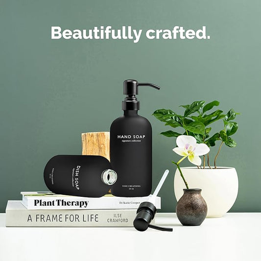 Vine Creations Black Glass Soap Dispenser Set, Dish Soap and Hand Soap Dispenser Set with Stainless Steel Pump, 16 oz Glass Dispensers for Kitchen Bathroom Decor (Matte Black Bottle/Matte Black Pump)