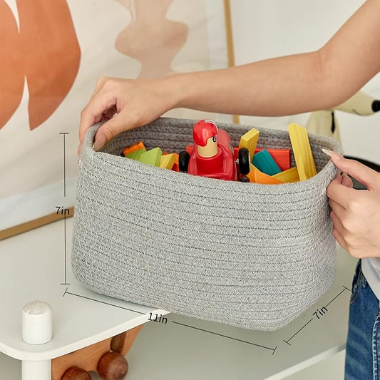 Small Cotton Rope Basket – Storage Bin for Organizing (10.6" x 6.7" x 6.7"), Bathroom Storage Basket for Shelf, Counter & Closet(Grey)