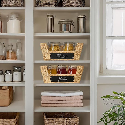 Casafield Set of 2 Water Hyacinth Pantry Baskets with Handles, Chalkboard Labels, and Marker - Natural, Wide Woven Storage Bin Organizers for Kitchen Shelves