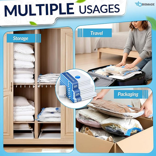 Vacuum Seal Bags for Clothing Travel – 10 Pack Compressed Vacuum Storage Bags with Rechargeable Air Pump – Carry-on Size Small, Medium & Large Space Saver Storage Bag for Suitcase and Luggage