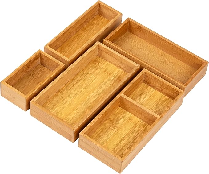 Mind Reader 5-Piece Bamboo Drawer Organizer Set, Stackable Storage Trays for Kitchen, Bathroom, Office, Makeup & Jewelry, Rayon from Bamboo, Brown