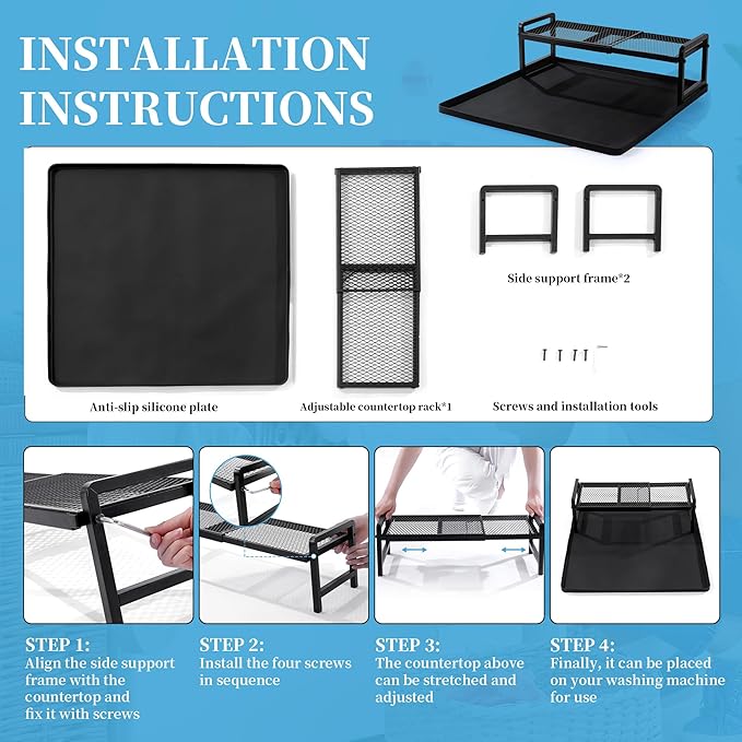 BALAPET Washer Dryer Countertop with Adjustable Shelf, Expandable Washer and Dryer Countertop with Non-Slip Mat, Universal Fit Large Space Laundry Room Organization(23.6x8.6x7in)