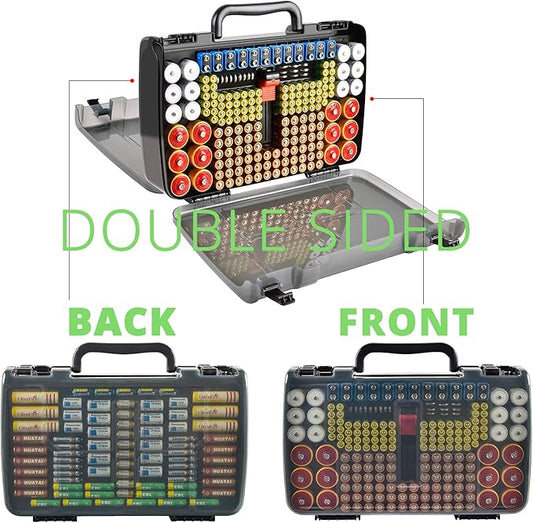 Battery Organizer Storage Holder Box Case with Tester- 269 Batteries Double-Sided Variety Pack, Holds AA AAA 4A C D Cell 9V 3V Lithium LR44 CR2 CR123 CR1632 18650 Button- Grey