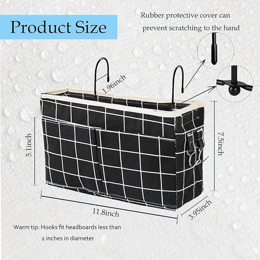 Someteth Bedside Caddy Bedside Hanging Storage Basket Multi-Function Organizer Caddy for Bunk and Hospital Beds Dorm Rooms Bed Rails, Can be Placed Glasses Books Mobile Phones(Black Grid)