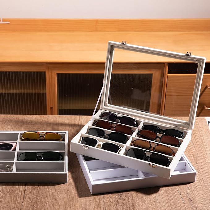 Frebeauty Sunglass Organizer,Velvet Glasses Organizer,8-Slot Sunglasses Tray for Drawer, Men's/Women's Sunglasses Box, Glasses Holder for Watch Stackable Eyeglass/Eyewear Display Tray(White)