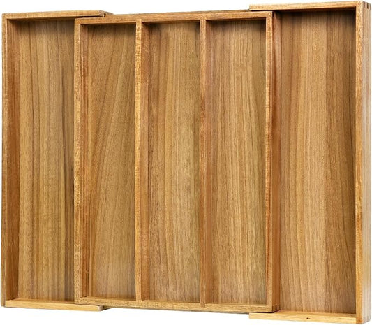 VaeFae Acacia Kitchen Silverware Organizer, Cutlery Drawer Organizer with 5 Compartments, Wooden Utensil Holder for Flatware and Cooking Tools