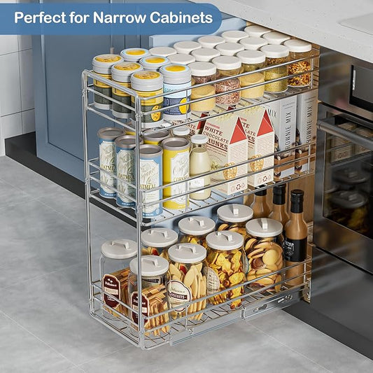 ROOMTEC Pull Out Spice Rack for Narrow Cabinet (8½" W X 20½" D),3 Tier Slide Out Cabinet Organizer and Pull Out Shelves Under Cabinet Storage for Kitchen, Chrome