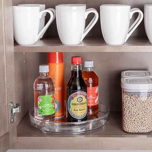 primebox 10.5" Lazy Susan Organizer. 360 Degree Rotating Turntable for Cabinets, Fridge, Pantry, Bathroom, Under Sink Organizing, Vanity, Countertops, Organizer for Spices Clear.