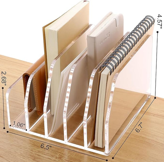 SANRUI Acrylic Desk Mail Organizer Sorters, Clear 5 Upright Compartments Laddered Desktop File Letter Holder, Multifunction Envelope Vertical Folder Racks Document Holders for Office, Home, School