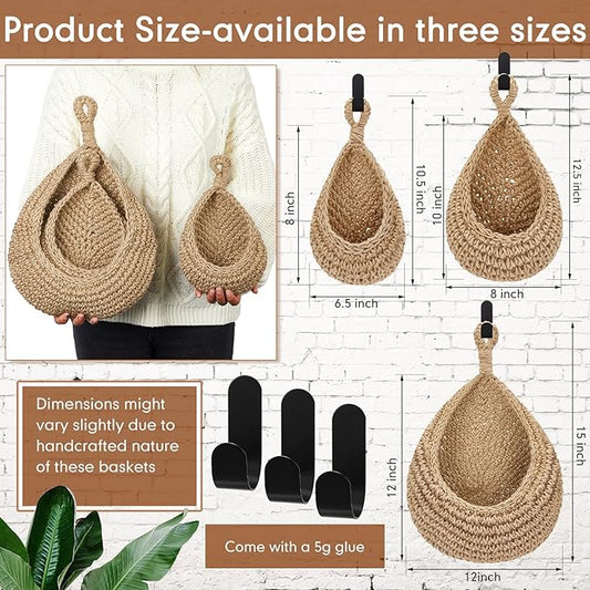 Honeydak Boho Decor Hanging Wall Baskets for Kitchen 3 Pack Teardrop Baskets with Hooks Storage Fruit Onion Vegetable Potato for Home 3 Sizes(Light Linen,Cotton Rope)