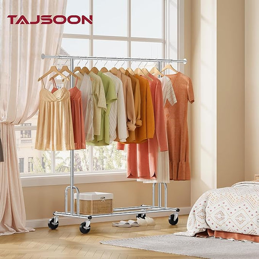 Tajsoon Heavy Duty Clothes Rack Foldable Garment Rack with Wheels and Extendable Rod, Freestanding Clothing Rack for Hanging Clothes, Adjustable & Collapsible Rolling Racks with Bottom Shelf, Chrome