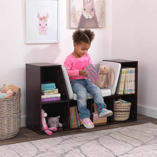 KidKraft Wooden Bookcase with Reading Nook, Six Shelves and Gray Cushion - Espresso
