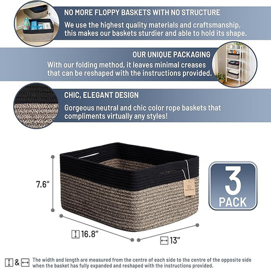 NaturalCozy Storage Baskets 16.8”x13”x7.6” Cotton Rope Woven Baskets for Organizing 3-Pack | Toy Storage Bins | Basket for Shelves, Laundry, Blanket, Clothes, Closet, Kitchen, Bathroom, Gifts