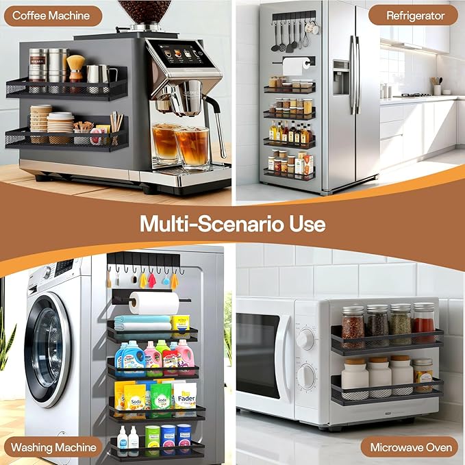 6 Pack Magnetic Shelves for Washing Machine and Fridge, Magnetic Laundry Organizer, Magnetic Fridge Shelves with Versatile Hooks, Paper Towel Holder and Metal Storage Baskets