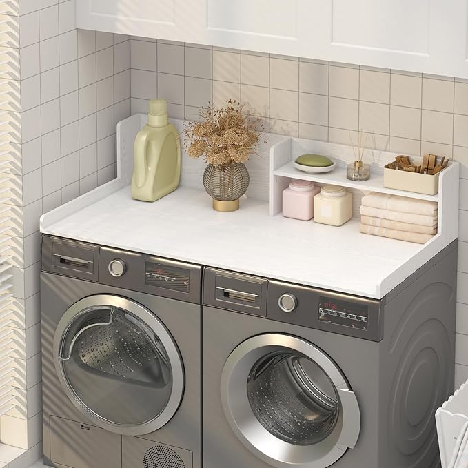 Washer Dryer Countertop, White - 2-Tier Wood 54" x 27.5" Laundry Topper with Safety Guard & Non-Slip Pads, Over The Washer Dryer Folding Shelf for Maximum Space Saving & Organization
