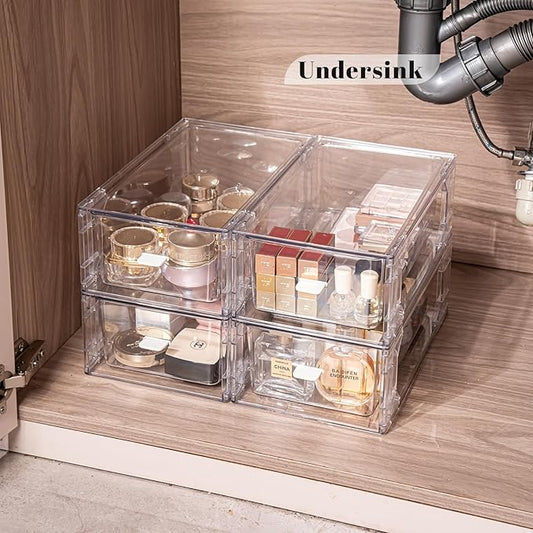 Stackable Pull-Out Storage Drawers,Easily Clean for Craft, and Toy Organization,Plastic Clear Organizer Bins with Handles for Kitchen Undersink,Cabinet,Fridge,Closet,Pantry,Office,Bathroom