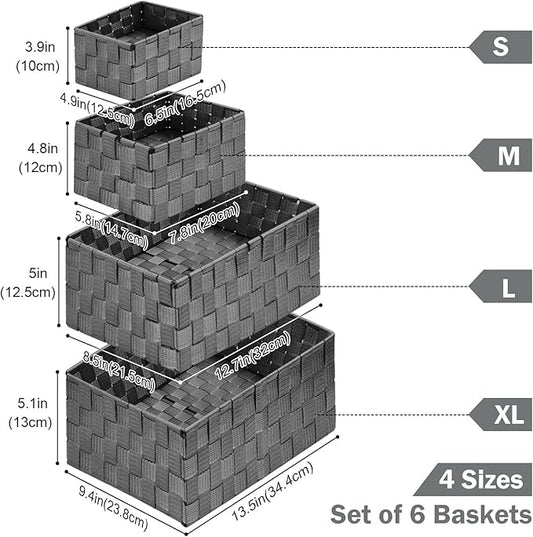 Woven Storage Baskets, Storage Bins, Cube Basket Container Baskets Storage Boxes Organizers for Clothes /Shelves/ Closet, Set of 6 (Grey)