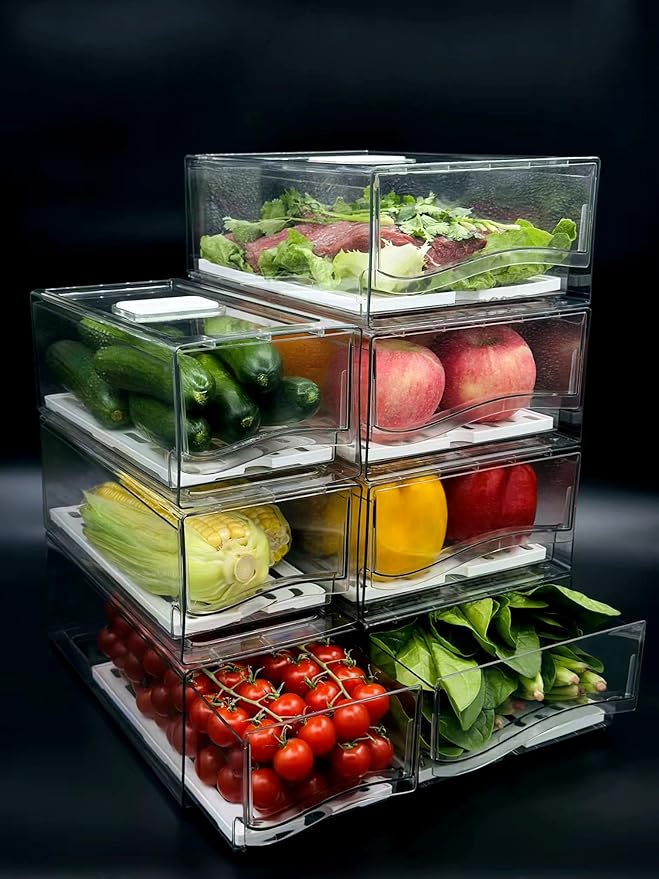 Femoliyes Refrigerator Organizers and Storage Drawer, Stackable Fruit Storage Containers for Fridge, Reusable Fridge Organizer fit for Kitchen Refrigerator and Restaurant Freezer (2 Drawers, Large)