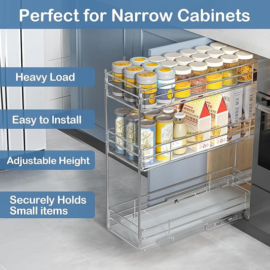 ROOMTEC Pull Out Spice Rack for Narrow Cabinet (6" W X 20½" D),3 Tier Heavy Duty Sliding Spice Cabinet Organization Shelf Racks, Pull Out Shelves Under Cabinet Storage for Kitchen
