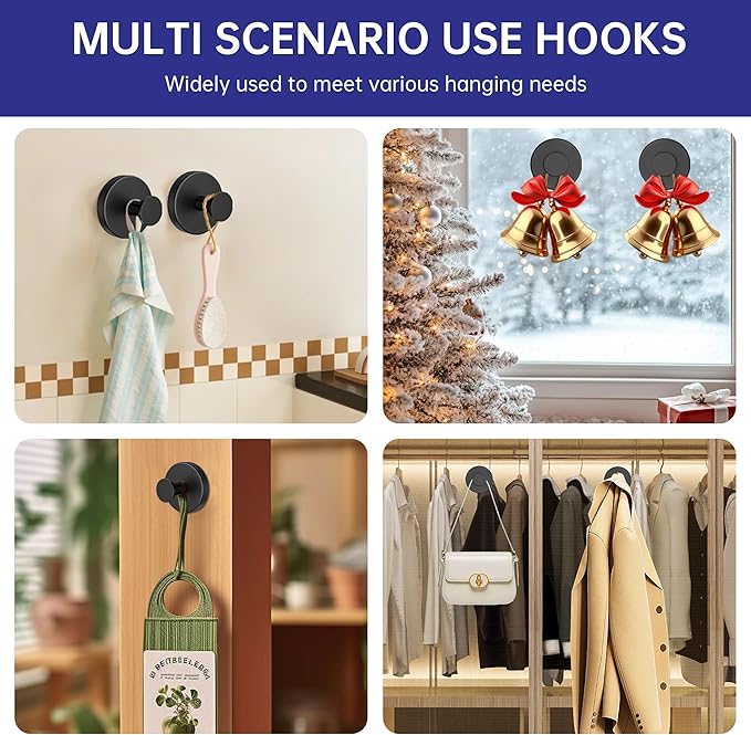 luckin smile Suction Cup Hooks for Shower, No-Drill Removable Towel Hooks for Bathrooms, Suitable for Kitchens, Windows, Glass, Tile, Waterproof & Rustproof Powerful Suction Cup Hook (2, Black)
