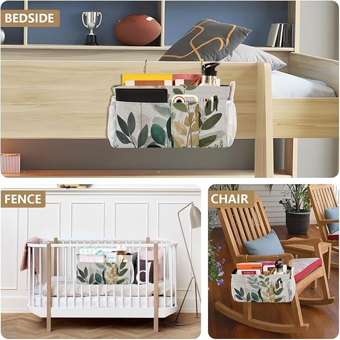 CuwrYet Bedside Caddy Hanging Bunk Bed Caddy Bed Organizer Hanging Pocket with 2 Hooks Bedside Storage Organizer Pocket Bag Holder Beige Boho Style Leaves