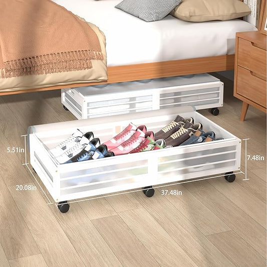 Under Bed Storage Containers with Wheels, Larger Bamboo Wood Under Furniture Storage Containers with Dust Bags,Rolling for Shoes Clothes