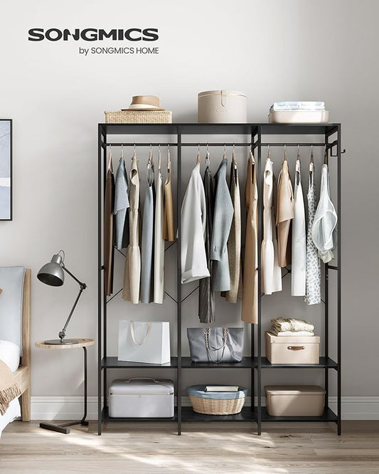 SONGMICS Clothes Rack, Iron and Wood Wardrobe Closet Organizer, Heavy Duty Garment Rack with Hanging Rods, Closet Shelves, Removable Hooks, 15.7 x 55.5 x 70.9 Inches, Ebony Black URGR005B56