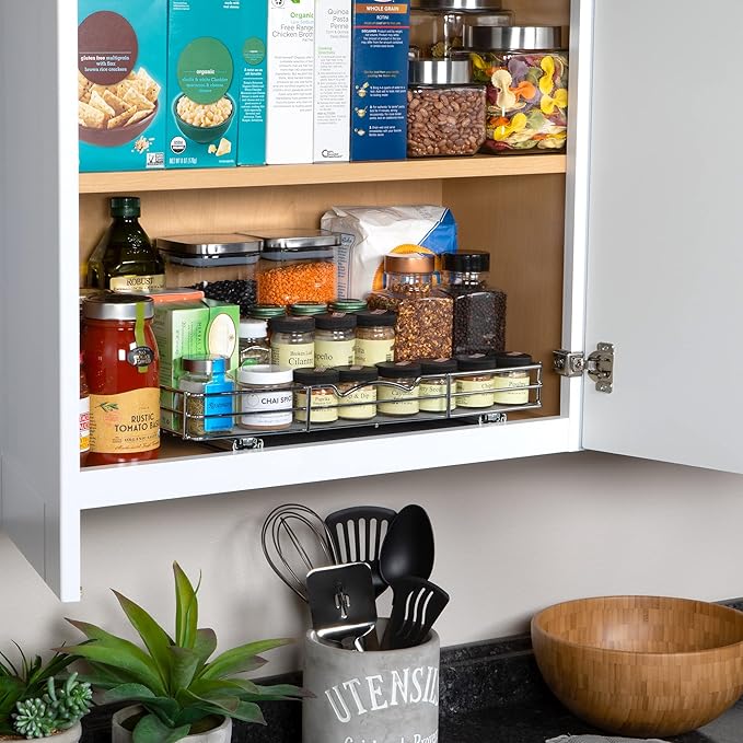 Pull Out Cabinet Organizer for Spices, Cans - Heavy Duty with Lifetime Limited Warranty- Pull Out Spice Rack- Cabinet Pull Out Shelf for Cans,Dishes, Etc, 18-3/8"Wx 10-1/2"D x 2-3/4” H, Chrome