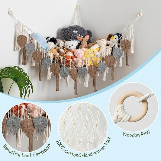 Pretty Jolly Stuffed Animal Storage with Hand Woven Leaf Tassels Hammock Corner Hanging Net Boho Macrame Plush Storage for Kid Room Nursery Decor Wall Display for Girls Gift(Gray&Coffee)
